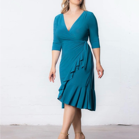 Kiyonna Whimsy Wrap Dress flirty flouncy size 4 teal color - Picture 4 of 12